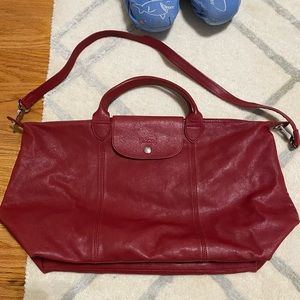 Red leather longchamp le pliage